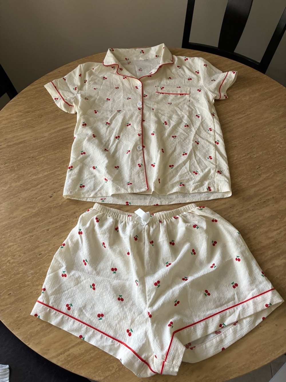 Cherry Print Short Pajama Set - Cream with Red Trim